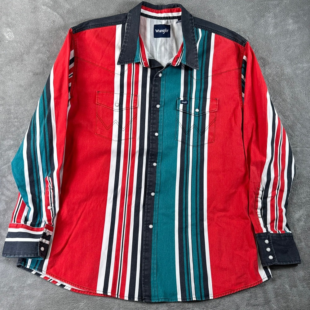 Wrangler Brushpopper Shirt Men XXL Red Stripe Pearl Snap Vintage Western